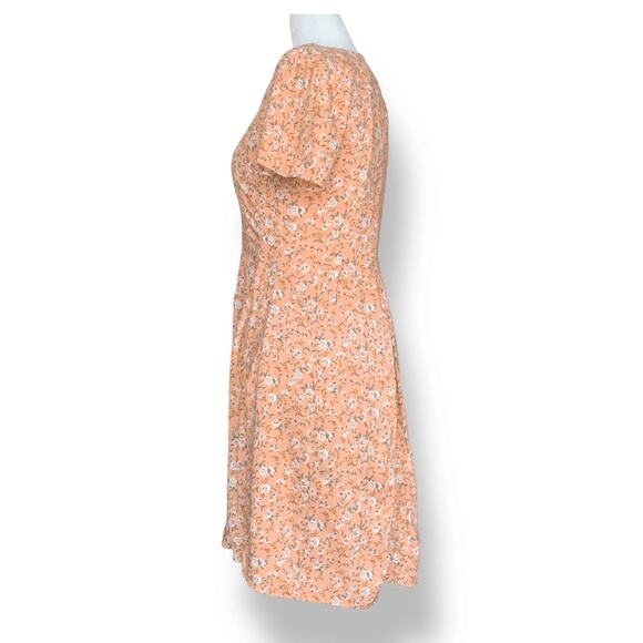 Vintage 90s Peach Floral Mini Dress Rayon Button Front Short Sleeve Scoopneck - Picture 6 of 11